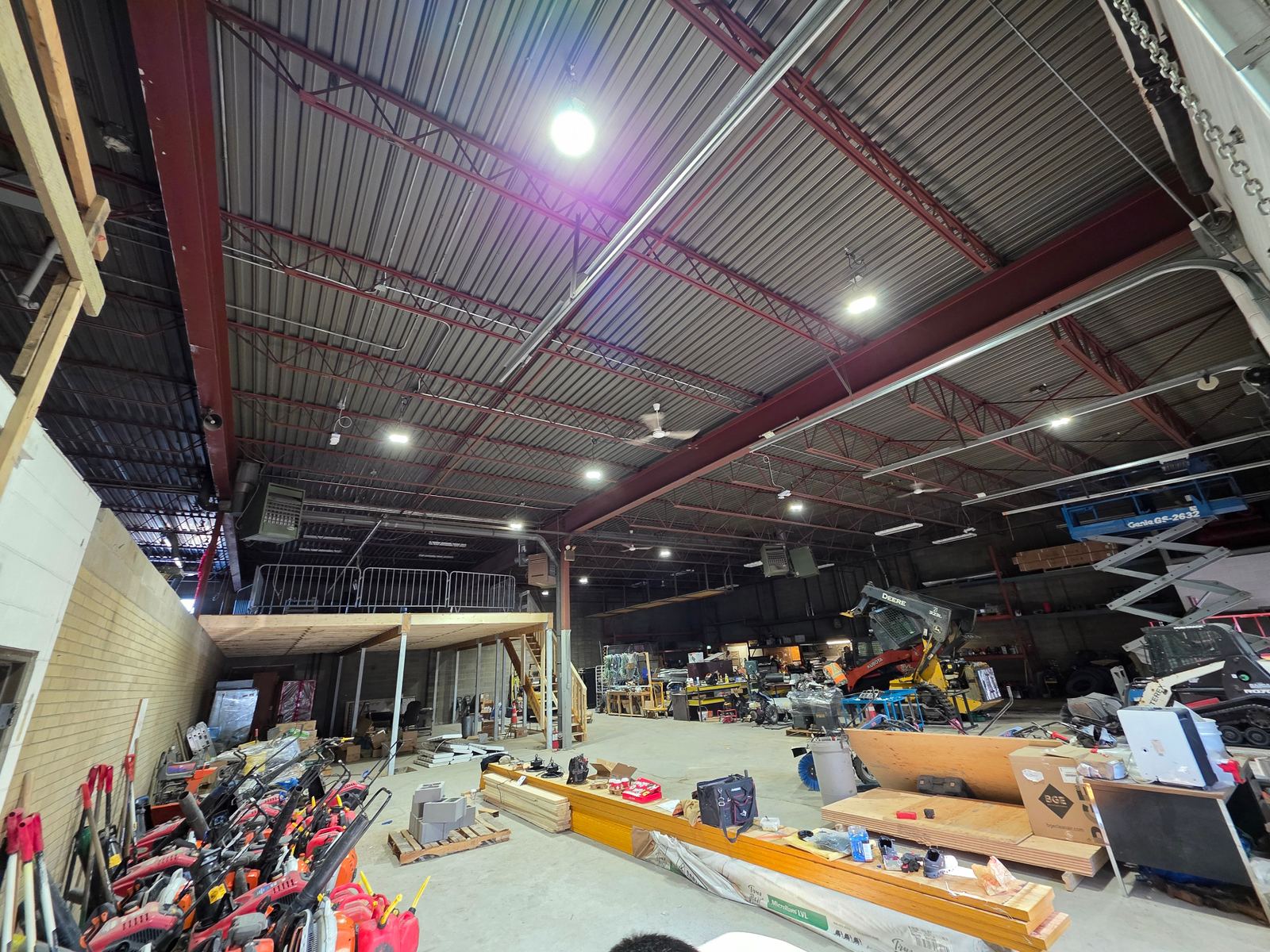 Commercial shop floor with upgraded LED high-bay fixtures